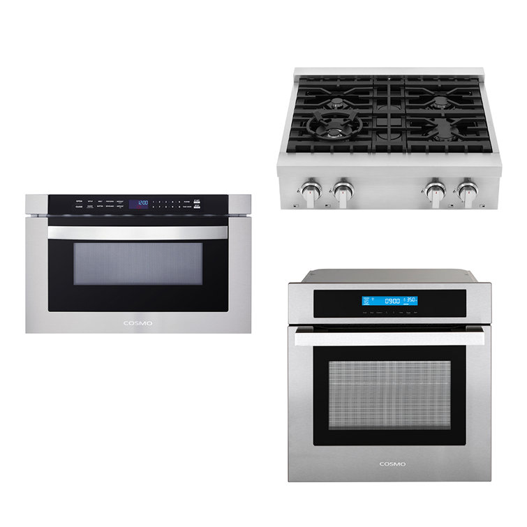 Cosmo 3 Piece Kitchen Appliance Package with 29.8'' Gas Cooktop , Wall